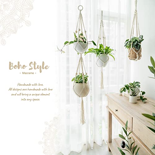 Mkono Macrame Double Plant Hanger Indoor Outdoor 2 Tier Hanging Planter Basket Cotton Rope with Beads 4 Legs 49 Inches (Pack of 3) - size: 49" (Pack of 3)
