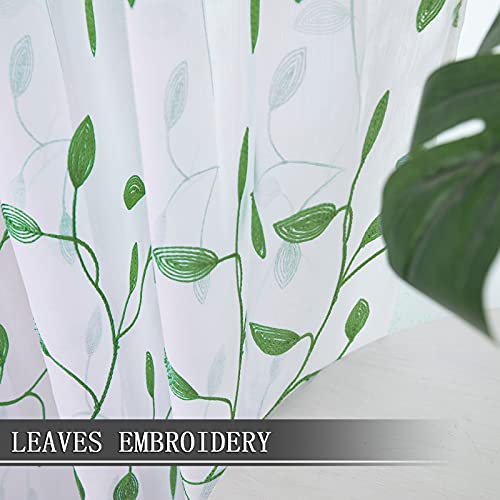 Tollpiz Leaves Sheer Tier Curtain Green Leaf Embroidery Kitchen Half Curtains Rod Pocket Voile Faux Linen Embroidered Leaves Curtain for Bathroom, 30 x 36 inches Long, Set of 2 Panels - color: Green, size: 30"W x 36"L (Pack of 2)