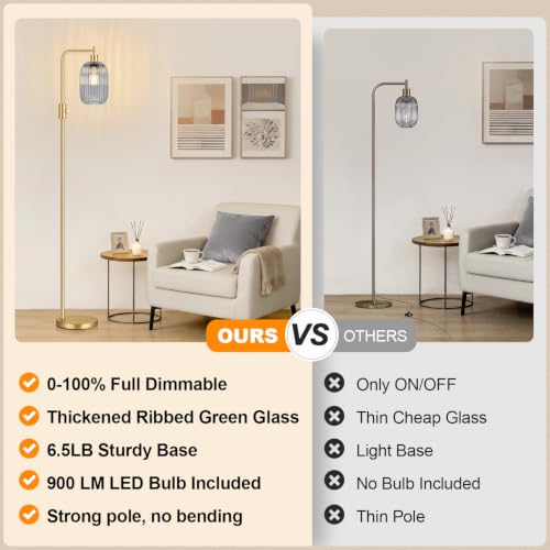 【Upgraded】 Dimmable Floor Lamp for Living Room with Gray Ribbed Glass Lampshade, Gold Modern Floor Lamp with 900LM LED Bulb Included, Arc Standing Tall Lamp for Bedroom, Office, Reading Room, Corner - color: Gray Ribbed Glass-Gold