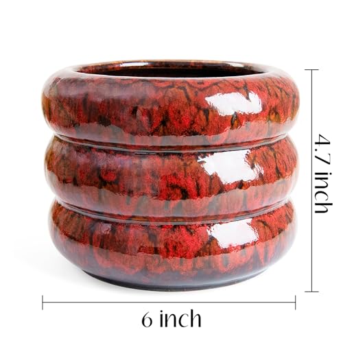Ceramic 6 inch Plant Pot - Red Planter for Indoor Plants with Drainage Hole - color: Red-s