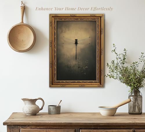 Vintage Gold Framed Wall Art Retro Dark Dragonfly Painting Canvas Prints Gothic Insect Picture Wall Decor Rustic Farmhouse Animal Poster Artwork for Living Room Bedroom Bathroom, 16x24in - color: Dragonfly, size: 24"L x 16"W