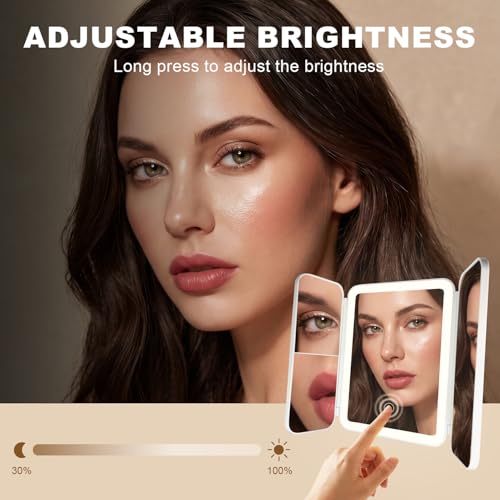 Trifold Makeup Mirror with Lights, 3000mAh Vanity Mirror | 3X/2X/1X Magnification Suction&Stand Base, 360° Adjustment Rechargeable Mirror for Travel/Bedroom/Dorm, Gifts for Women