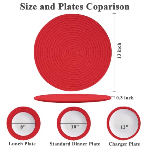 Round Placemats Set of 6, Cotton Rope Woven Table Mats, Hot Pads for Kitchen, Non Slip Heat Resistant Place Mats, 13 Inches Braided Placemat for Farmhouse Decor and Kitchen Table Decor (Red) - color: Red