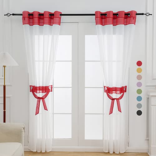 L.Z.E White and Red Sheer Curtains 96 Inch Long 2 Panels Set, Elegant See-Through Window Drapes for Living Room & Dining Room, Grommet Top Curtains with Tiebacks - color: Red, size: 56"W x 96"L (Pack of 2)