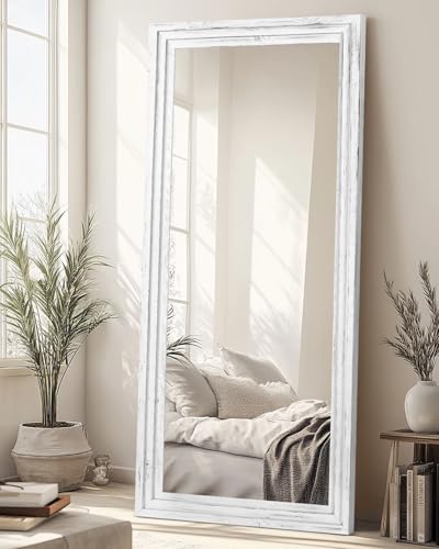 71x30in Full Length Mirror, 3-Tier Stepped Solid Wood Frame, White - color: White, size: 71"L x 30"W