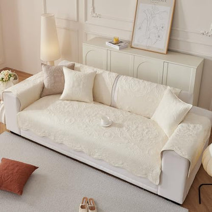 vctops Boho Cotton Quilted Couch Cover Soft Embroidered Sofa Cover Non-Slip Dog Bed Cover Scalloped Sofa Slipcover Washable Furniture Protector Cover (Cream,28"x82") - color: Cream, size: 1pc/28"x82"/Rectangular