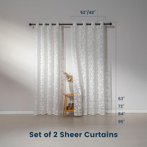 SLEEP ZONE Sheer Curtains for Living Room and Bedroom, Embroidered Sheer Curtains White Sheer Curtain 42 × 63 inch Length of 2 Panels, White Vine - color: White Vine, size: 42"W×63"L