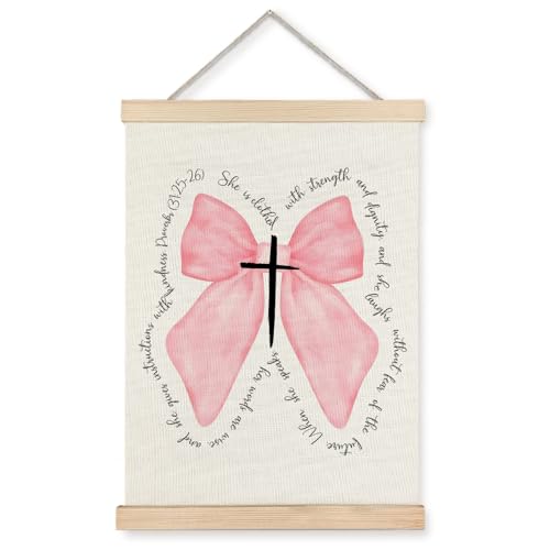Supwhd Pink Bow Coquette Christian Wall Decor for Girls Room Dorm, Pink Christian Bible Verse Wall Art With Wooden Poster Hanger, 12x16 - color: Pink Bow, size: 16"L x 12"W