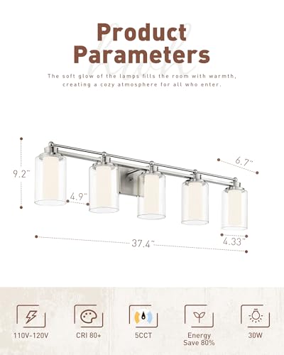 HWH 5-Light Bathroom Vanity Light, Brushed Nickel, 5CCT, 5HLT63B-5W-LED BN - color: Brushed Nickel + LED, size: 5 Lights