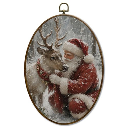 JQF Winter Christmas Santa Reindeer Oval Wall Decor Framed 8.5x11.5 Inch - color: santa-6