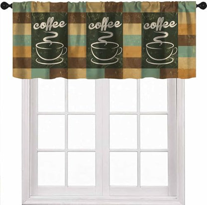 Retro Coffee Valances Curtains, Abstract Coffee Cups Teal Brown Background Rod Pocket Window Treatment Valance for Kitchen Dinning Room Living Room Bedroom Cafe, 54x18 Inch - color: Coffee-6, size: 53"W x 18"L (Pack of 1)