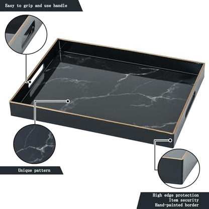 Serving Tray with Handles, Large Black Marble Plastic Tray, 15.7 x 11.8 x 1.6 Inch Rectangular Decor Coffee Table Tray with Storage for Bedroom, Living Room, Dining Room, Party & Patio Pool