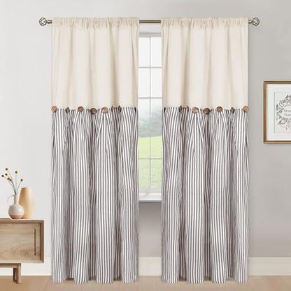 ASPMIZ Cotton Linen Farmhouse Curtains Boho Rustic Button Panel, Country Window Curtain & Drapes, Brown Stripe Modern Curtains for Living Room, Back Tab & Rod Pocket Curtain 52 x 84 Inch, 2 Panels - color: Beige&brown, size: 52"W x 84"L (Pack of 2)