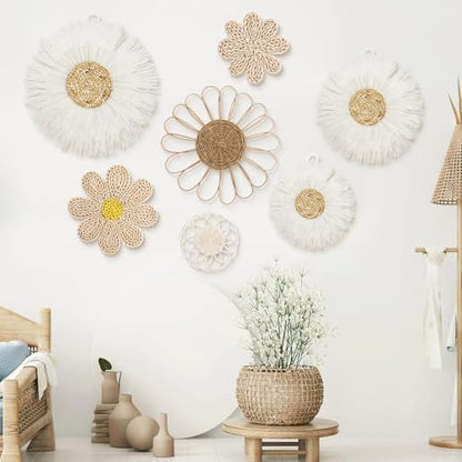 Chunful 7 Pcs Boho Wall Basket Decor Rattan Flower, Milky White - color: Milky White