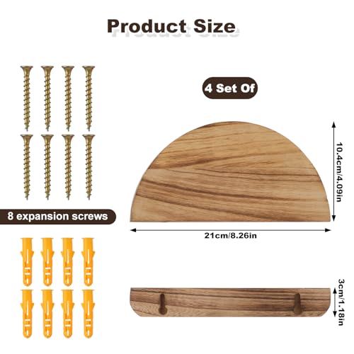 4 Pcs Small Floating Shelves for Wall,8.27 Inch Solid Wood Half Round Floating Shelves Rustic Sturdy Invisible Wall Mount Display for Small Plants for Living Room Bedroom