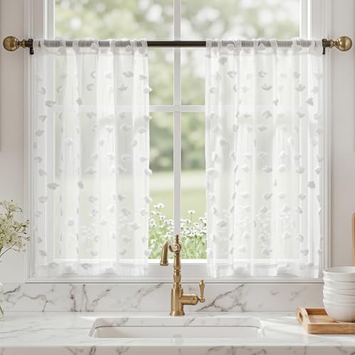 MYSKY HOME White Sheer Curtains with Pom Pom for Living Room 36x45,2 Panels - color: 1-white, size: 36"W x 45"L (Pack of 2)