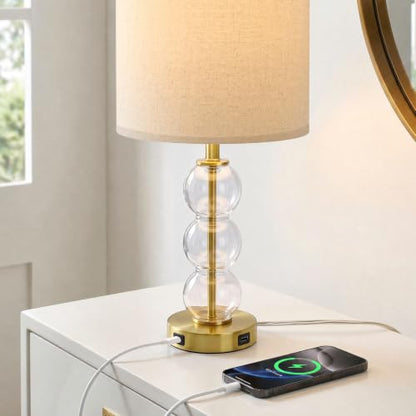 Oneach 25" Glass Table Lamps Set of 2, Gold Modern Table Lamps with USB Ports for Living Room, Linen Shade Bedside Lamps for Bedroom, Nightstand, Side Table (Bulbs not Included) - color: Gold