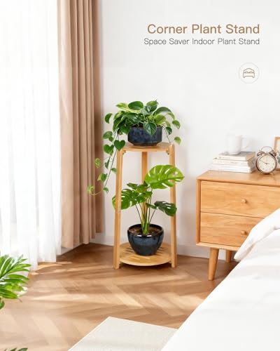 2 Tier Round Bamboo Plant Stands Shelf Indoor Wooden Corner
