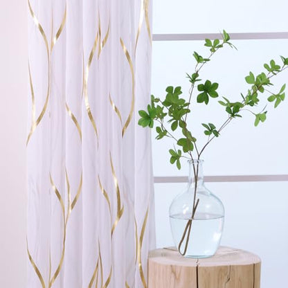 L.Z.E Gold White Sheer Curtains 108 Inches Long 2 Panels Set for Living Room Bedroom See Through Sheer Curtains Grommet Top Transparent Sheers with Wave Pattern Extra Long - color: (Grommet) Gold Waves, size: 54"W x 108"L (Pack of 2)