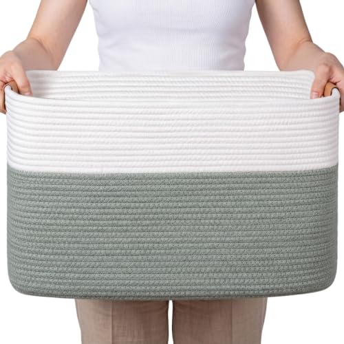 Danpinera 70L Large Woven Blanket Basket for Living Room White & Sage Green - color: White & Green, size: 72L