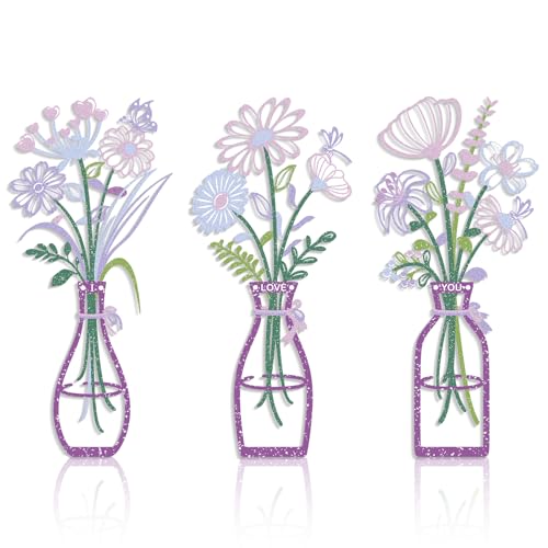 RIJINDOUJIN Metal Flower Wall Decor, 3-Piece Purple-Pink Metal Floral and Vase Art, Minimalist Wall Sculptures for Living Room, Bedroom, Bathroom, Kitchen, Lightweight and Easy to Hang - color: Purple-pink