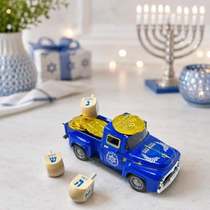 Hanukkah Truck Decor with 3 Wooden Dreidels and Gold Gelt Coins, 5.7-Inch - color: Hanukkah Blue