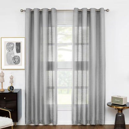 Melodieux Gray Semi Sheer Curtains 63 Inch Length for Living Room, Linen Rustic Bedroom Privacy Window Grommet Sheer Drapes, 52 by 63 Inch, 2 Panels - color: Grey, size: 52"W x 63"L (Pack of 2)