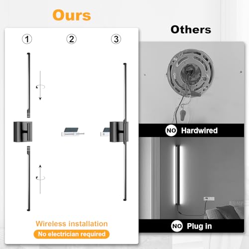 Wall Sconces Set of Two with Remote Control, 39.4 in Dimmable Black Battery Operated Wall Lights, 350° Ratation 3000K-6000K LED Wireless Rechargeable Sconce for Bathroom, Living Room, Bedroom - color: Black, size: 39.4in(2 Pack)