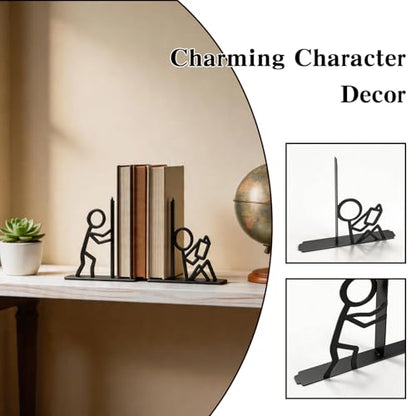 Decorative Bookends, Creative Metal Book Ends for Shelves, Unique Stick Figure Design Book Holders for Home Office Desk Decor, Black