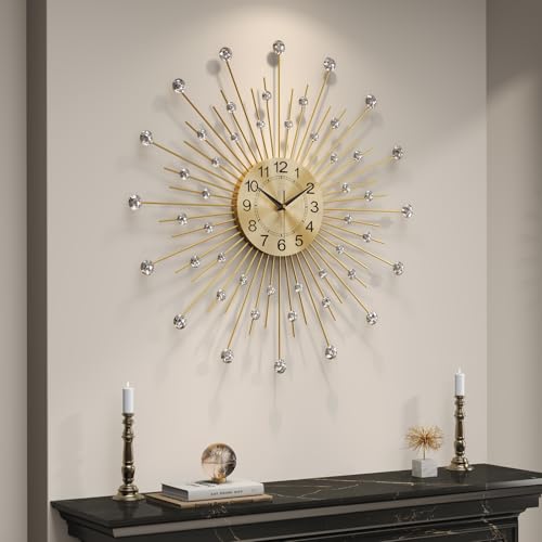 Cuspin 30 Inch Gold Wall Clock Mid Century Modern Crystal Sunburst Clock - color: Crystal Sunburst, size: Large