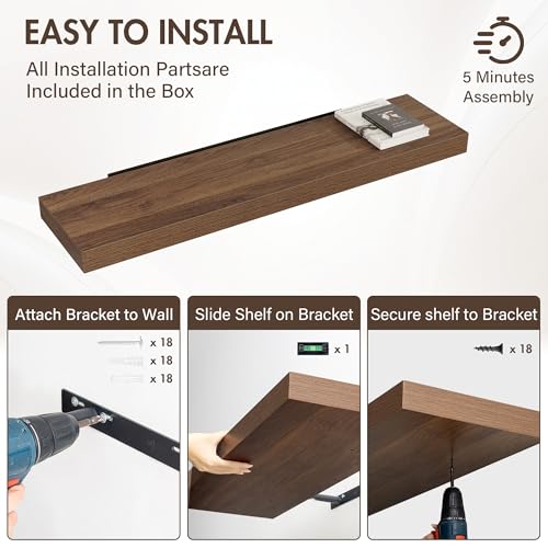Acovy 48 Inch Floating Shelves, 12" Deep Floating Shelf Wall Mounted, 48" Wall Shelves, Rustic Deep Bookshelf, Extra Deeper & Thicker Display Shelves for Bedroom, Living Room, Set of 1 - color: Walnut, size: 12"Wx48"L-1pc