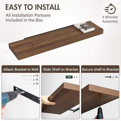 Acovy 48 Inch Floating Shelves, 12" Deep Floating Shelf Wall Mounted, 48" Wall Shelves, Rustic Deep Bookshelf, Extra Deeper & Thicker Display Shelves for Bedroom, Living Room, Walnut, Set of 2 - color: Walnut, size: 12"Wx48"L-2pcs