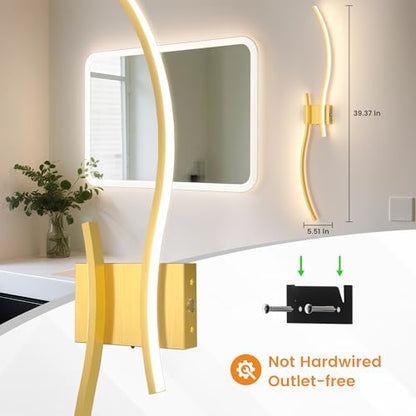 VOLISUN Battery Operated Wall Sconces Set of Two, 39.4 inch Wireless Wall Sconces, 3000K-6500K Dimmable Wall Lamps with Remote, Rechargeable Gold Wall Lights for Living Room, Hallway, Bedroom - color: Gold, size: 39.4 INCH