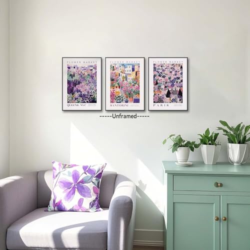 XLARTMY Flower Market Wall Art Prints Canvas Purple and Pink Floral Paintings Colorful Botanical Travel Flower Posters for Home Decor Pictures Set of 3 for Living Room Bedroom 12x16in Unframed - color: Flower Market PUrple, size: 12x16in Poster