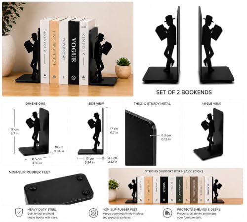 Luxury Heavy Duty Metal Bookends (Set of 2) – Decorative Black Book Ends for Shelves – Non-Slip Book Holders for Home Office, Desk & Bookshelves