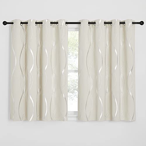 NICETOWN Blackout Short Curtains Panels for Bedroom, Microfiber Noise Reducing Thermal Insulated Wave Line Foil Print Design Blackout Curtains for Office, Classroom (Beige, 2 Panels, 52 x 45 Inch) - color: 1 - Beige, size: 52"W x 45"L (Pack of 2)