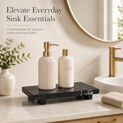 Small Black Marble Soap Dispenser Pedestal Tray 9.84 in - color: Black Marble-9.84 in