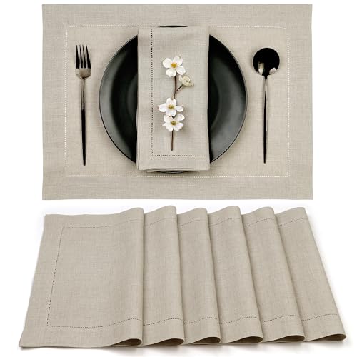 Signature Linen™ by D'Moksha, Natural Placemats Set of 6, 14 x 19 Inch, 100% Pure Linen Table Mats, Hemstitch, Machine Washable Cloth Placemats- Fall, Weddings, Outdoor Hosting - color: Natural, size: Set of 6 (14 X 19 Inch)