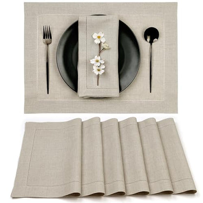 Signature Linen™ by D'Moksha, Natural Placemats Set of 6, 14 x 19 Inch, 100% Pure Linen Table Mats, Hemstitch, Machine Washable Cloth Placemats- Fall, Weddings, Outdoor Hosting - color: Natural, size: Set of 6 (14 X 19 Inch)