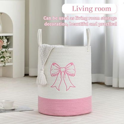 Honeydak Pink Bow Cotton Rope Laundry Basket Hamper, Bowknot - style: Bowknot
