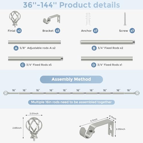 VOIIY Silver Curtain Rod 36-144 Inch, Adjustable Curtain Rods for Windows - color: Antique Silver, size: 36"-144"|1 Pack