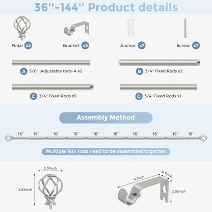 VOIIY Silver Curtain Rod 36-144 Inch, Adjustable Curtain Rods for Windows - color: Antique Silver, size: 36"-144"|1 Pack