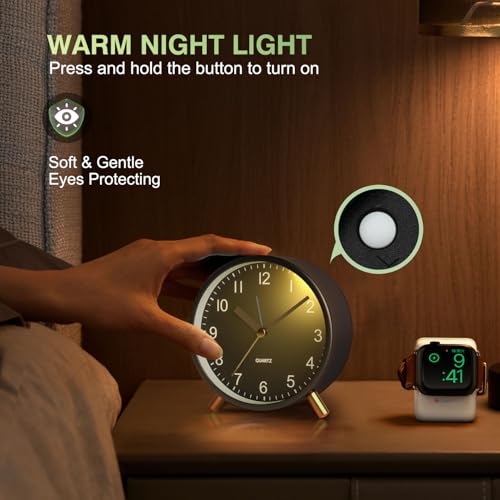 Silent Analog Quartz Kids Alarm Clock, Round Metal, Night Light - color: Black