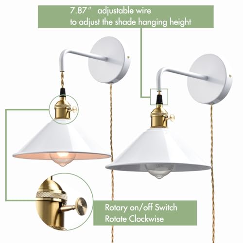 Hanging Height Adjustable Wall Sconce, Bright White 2-Pack - color: Plug in White*2Pcs
