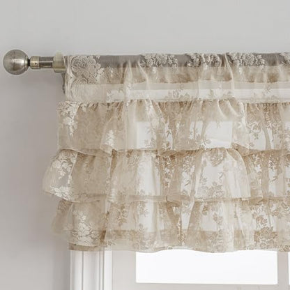 Kotile Beige Lace Ruffle Valance for Windows W52 x L18 Inch, 1 Panel - color: Beige - Ruffle Lace