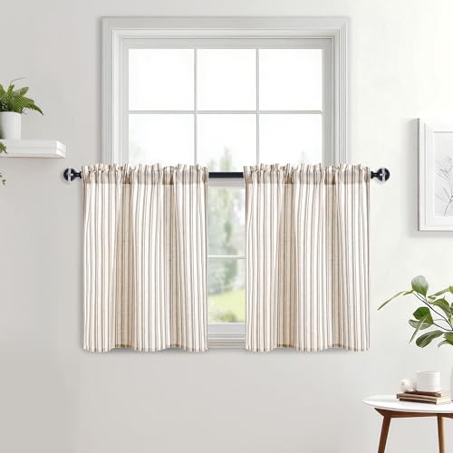 JIUZHEN Striped Linen Kitchen Curtains 2 Panels - Short Tier Drapes with Rod Pocket, Farmhouse Cafe Curtains for Small Windows 36 Inch Length, Vertical Striped Brown - color: Vertical Striped Brown, size: 26"W x 36"L (Pack of 2)