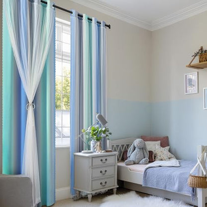 XiDi 100% Blackout Curtains for Girls Bedroom Living Room 96 Inch Length 2 Panels Kids Rainbow Blue Green Grey Mix & Match Double Layer Curtains with Sheer Overlay Grommet Window Drapes 52W x 96L - color: Blackout-blue-green-grey, size: 52"W x 96"L (Pack