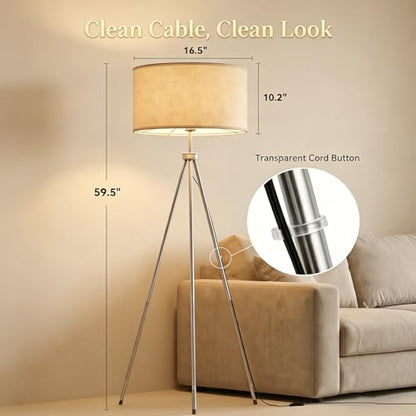 JOOFO Modern Metal Tripod Floor Lamp with Remote, 16.5" Linen Shade - color: Brushed Nickel
