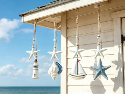 4Pcs Wooden Seashells/Star/Ships/Lighthouse Wall Hanging Decor, Farmhouse Rustic Coastal Themed Decorations for Home, Beach Wall Sign Nautical Decor for Bedroom, Living Room