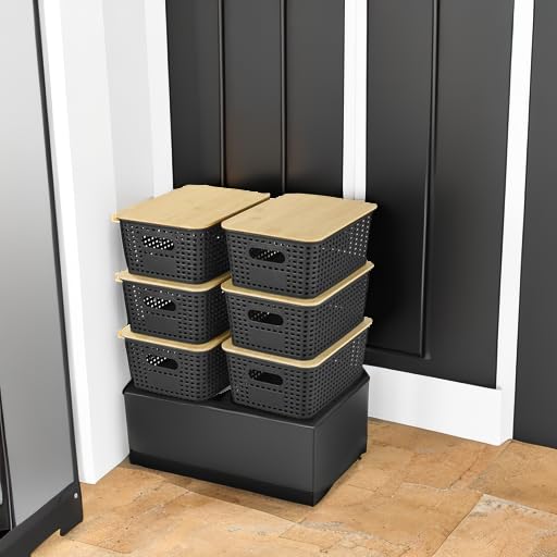 Ohmlove 6 Pack Plastic Storage Baskets with Bamboo Lids for Organization - color: Black